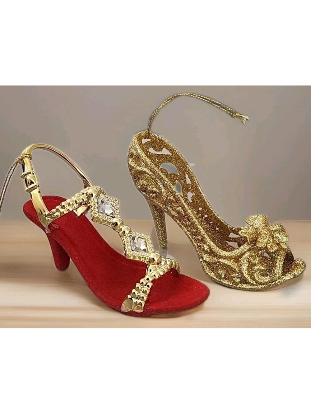 Set Of 2 Christmas Ornaments Golden Shoes Red Velvet High Heel Stilettos 4" Mint